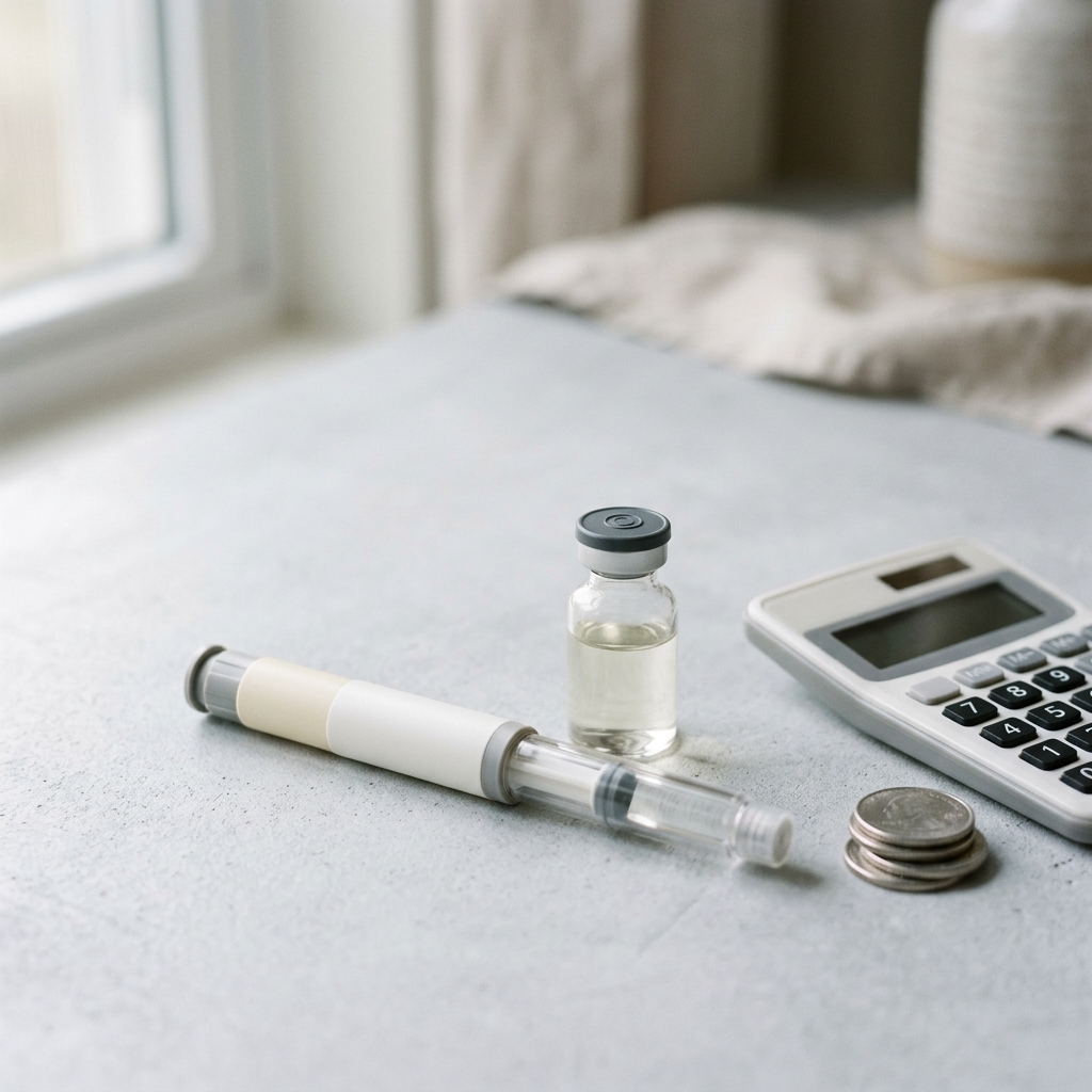 Generic medication injector pen and glass vial beside a calculator and coins on a clean surface, representing the cost of GLP-1 weight-loss treatment in 2026