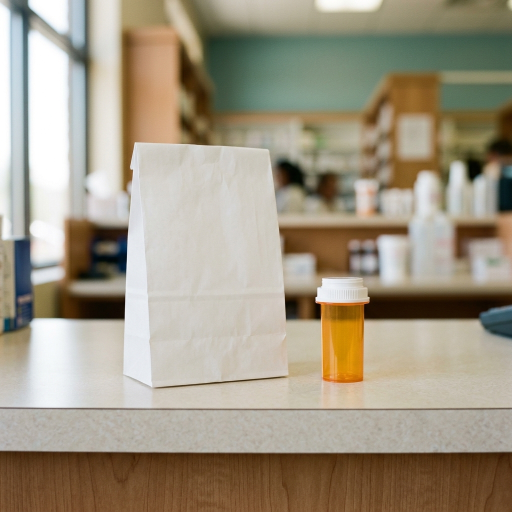 A plain white pharmacy bag and a generic medication vial on a clean pharmacy counter, representing affordable manufacturer self-pay options