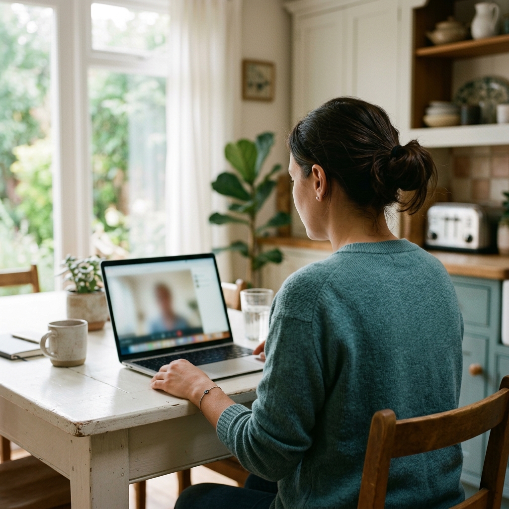 A person using a laptop at a bright kitchen table for a telehealth consultation, viewed from behind, representing reviewing GLP-1 cost options online