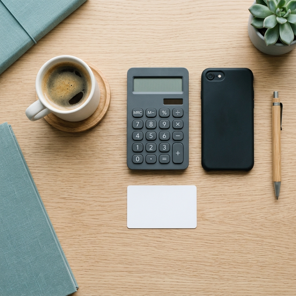 Flat-lay of a blank insurance-style card, a calculator, and a smartphone on a clean desk, representing the different ways to pay for GLP-1 medication