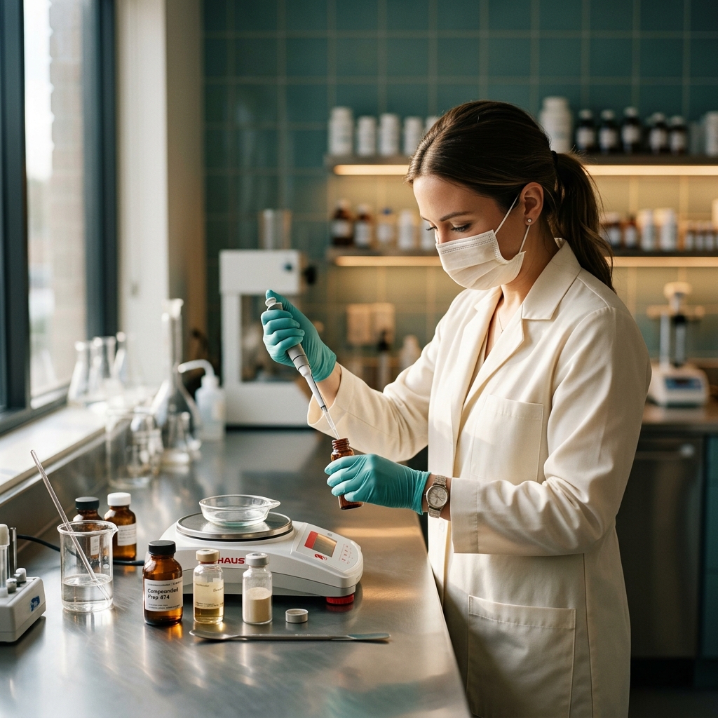Compounding pharmacy technician preparing medication in a sterile lab