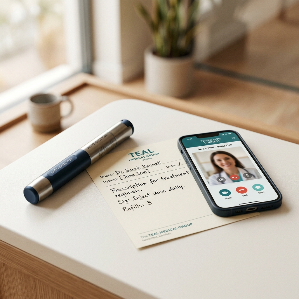 Auto-injector pen next to a prescription pad and telehealth consultation on a smartphone
