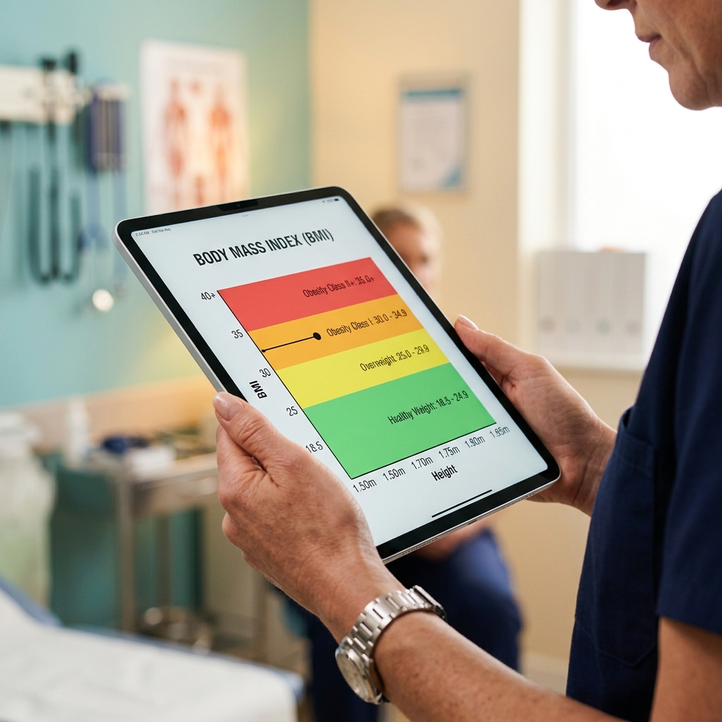 Healthcare provider reviewing a BMI chart on a tablet