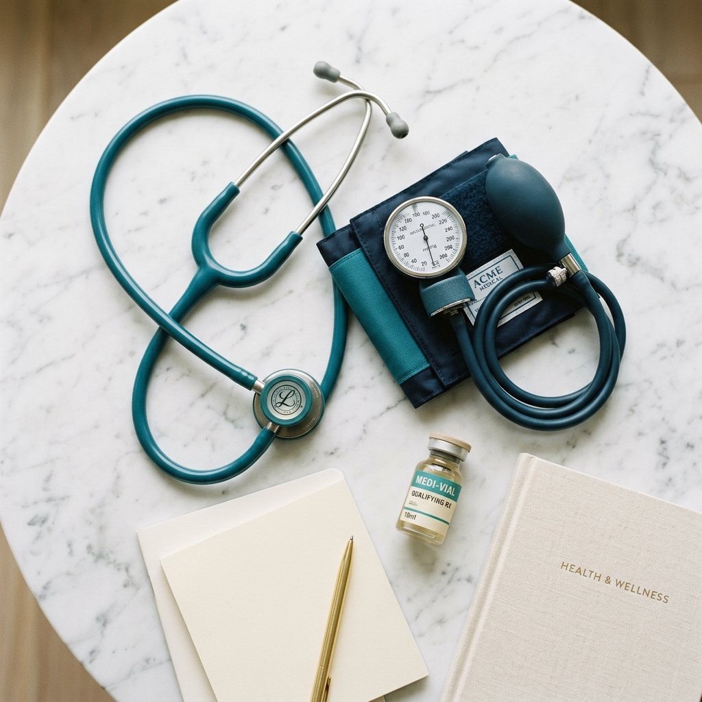 Stethoscope and medical instruments on a marble surface