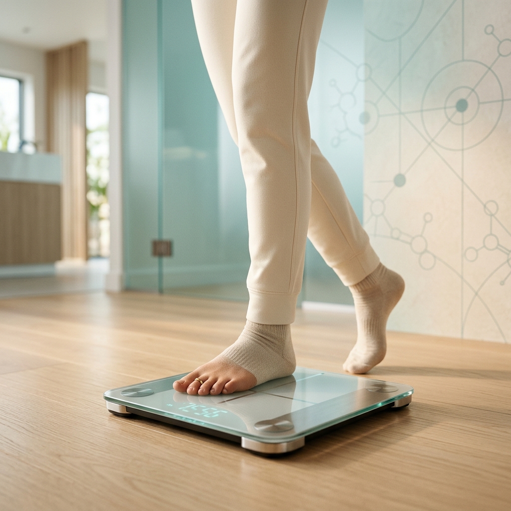 Person stepping onto a digital scale in a modern clinical setting