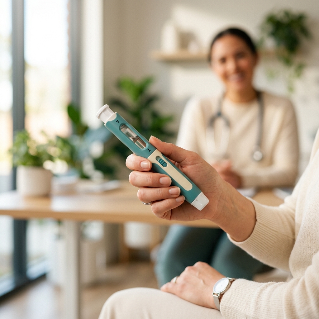 Patient holding an auto-injector pen during a clinical consultation